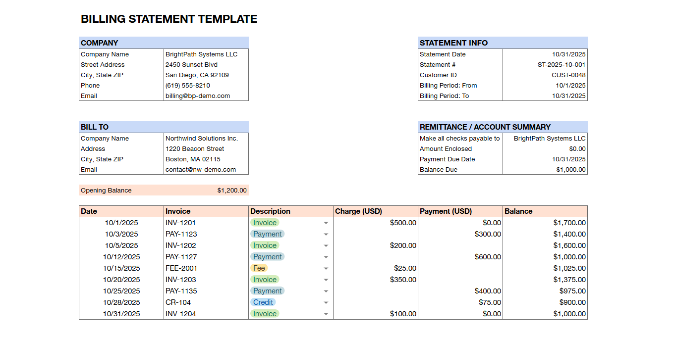 Billing Statement Template with customer info, invoice records, payments, and calculated balance.
