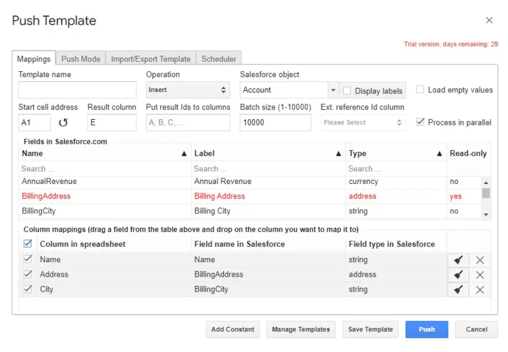 G-Connector push template mappings