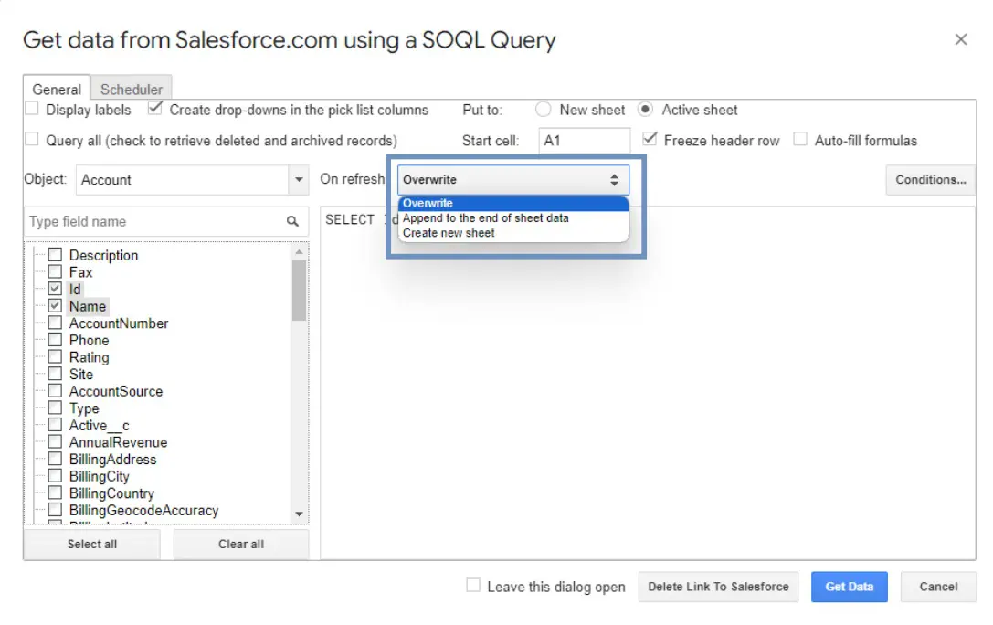 Report refresh options in G-Connector