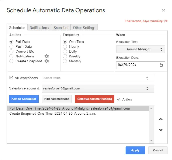 Schedule Salesforce data snapshots with G-Connector