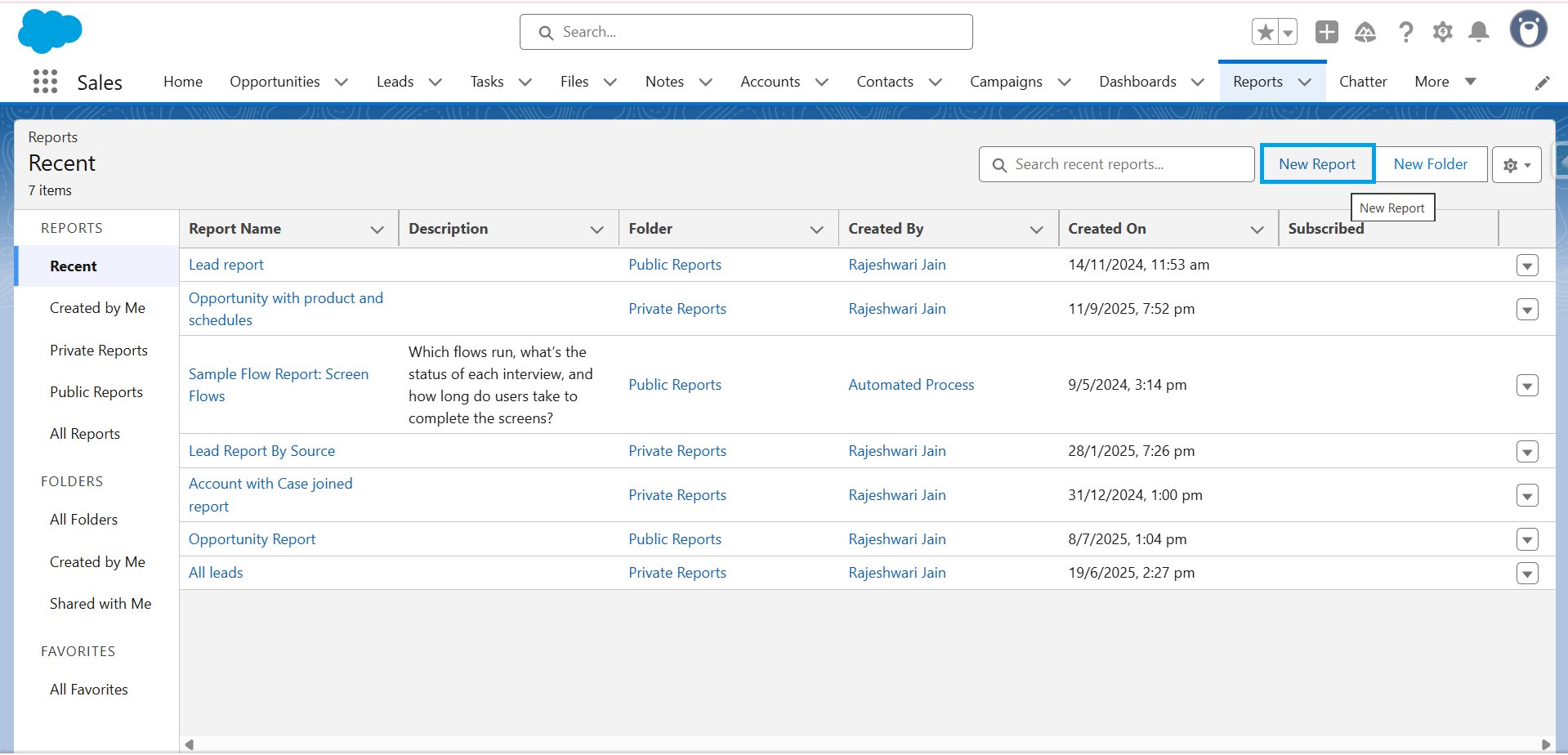Screenshot of Salesforce Lightning showing Reports tab with option to create a New Report