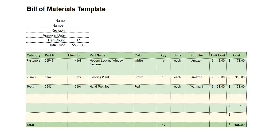 Free BOM template showing categorized parts list with quantities, suppliers, unit costs, and a total cost summary.
