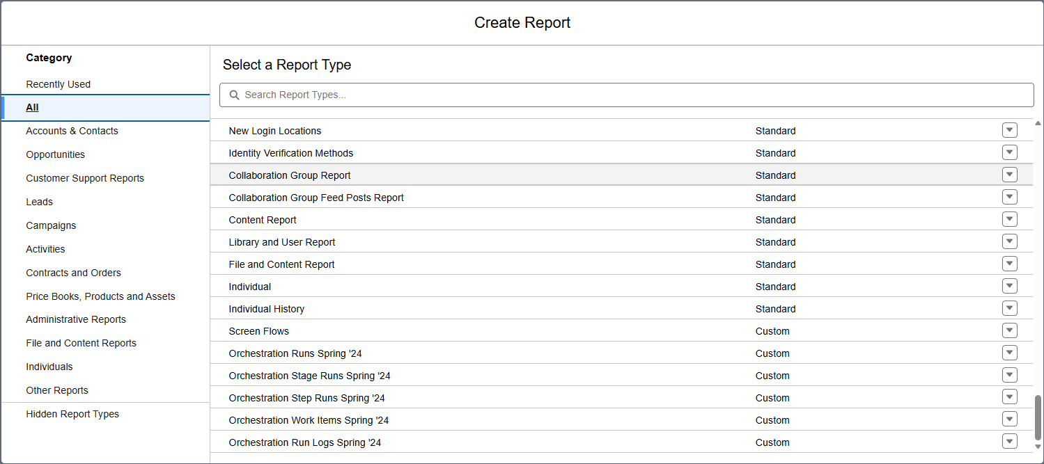Salesforce Lightning Create Report screen showing the report type selection list and categories menu
