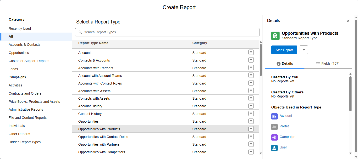 Salesforce Lightning Create Report screen with Opportunities with Products report type selected and details panel visible