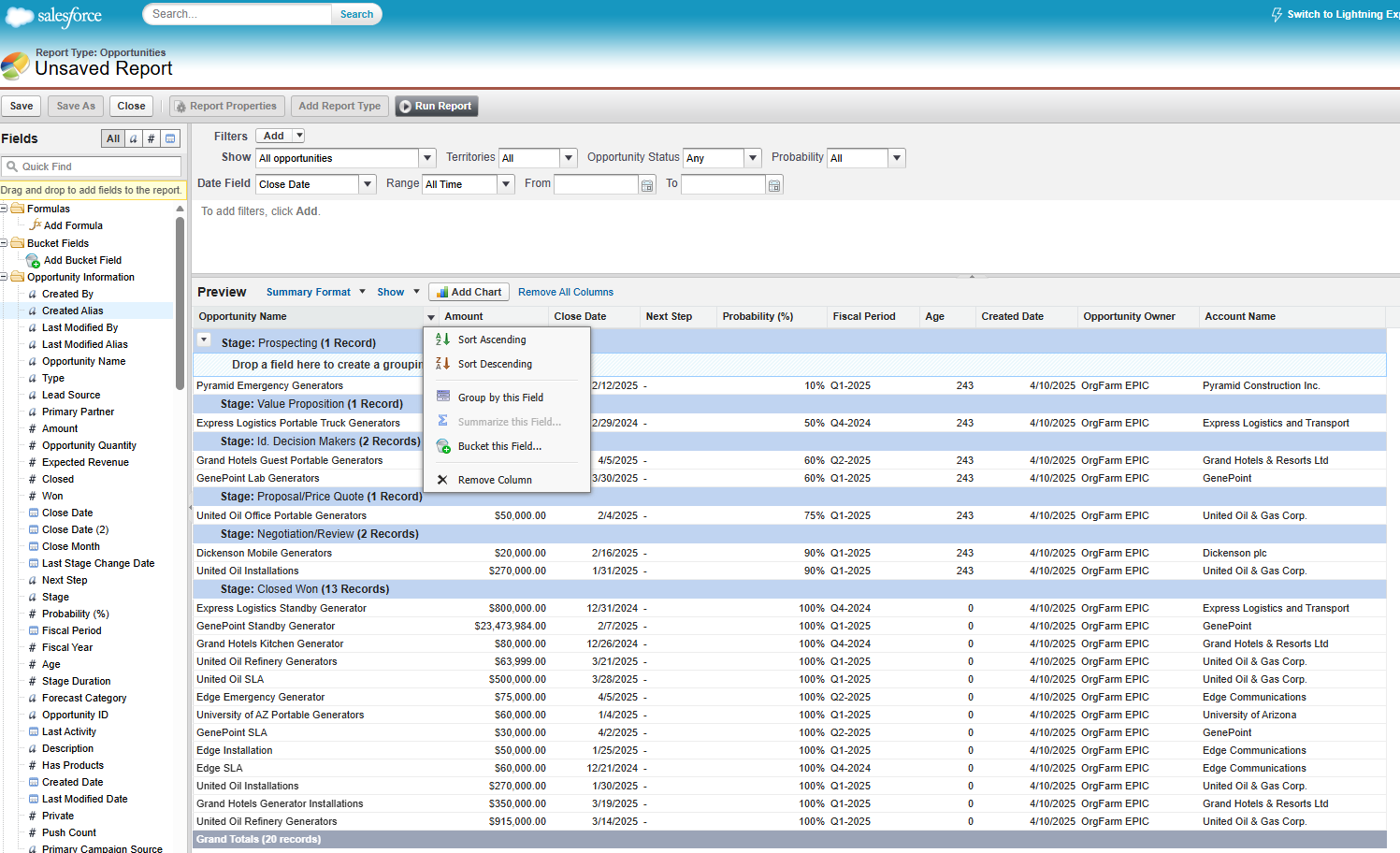 Salesforce Classic report builder showing the Run Report button and opportunity report preview table