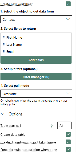 XL-Connector 365 HubSpot Objects setup with Contacts selected, fields chosen, pull mode set to Overwrite, and options shown.