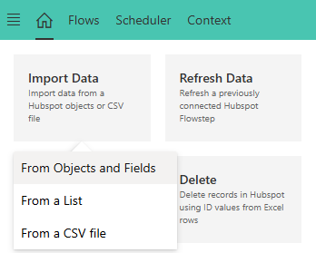 XL-Connector 365 Home screen with the Import Data menu showing Objects and Fields, List, and CSV options.