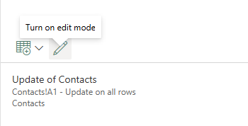 XL-Connector 365 flow step card with the Turn on edit mode tooltip for an Update of Contacts step.