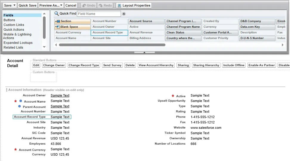 Salesforce Page Layout editor showing how to add the Record Type field to a layout from the Fields section.