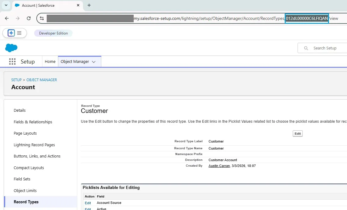Salesforce Setup showing Record Type page with RecordTypeId highlighted in the URL for copying the ID.