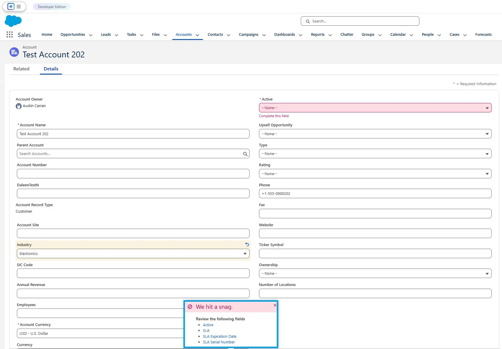 Salesforce record edit page showing validation error and required fields blocking record type change attempt.