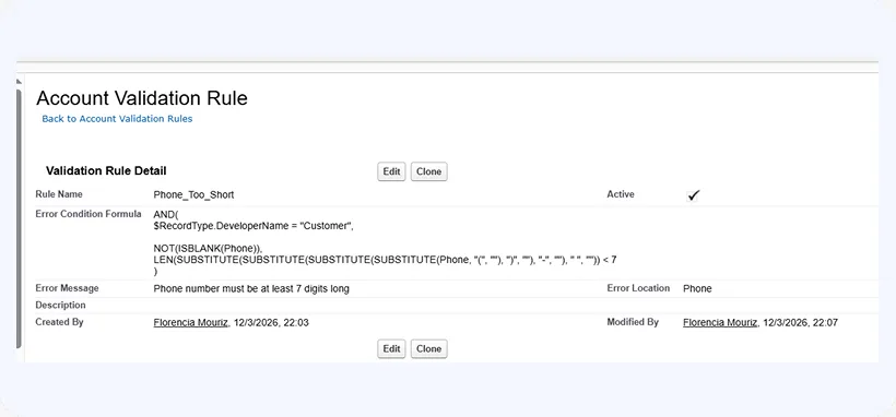 Salesforce validation rule detail page showing rule conditions that can block record updates.