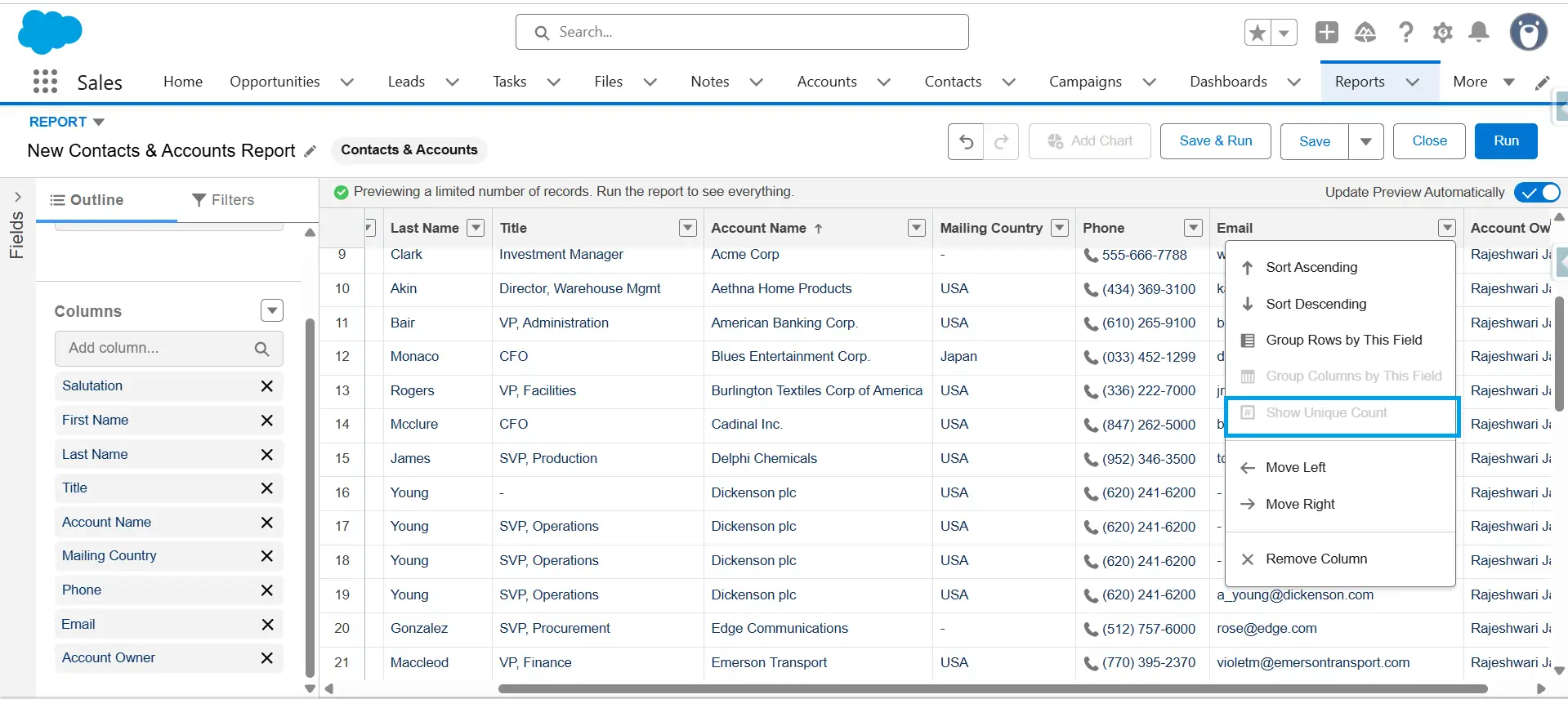 Salesforce report column dropdown with Show Unique Count option grayed out after reaching the maximum of three unique counts.