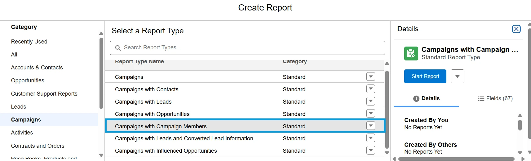 Salesforce Create Report page with Campaigns with Campaign Members report type highlighted in the Campaigns category.