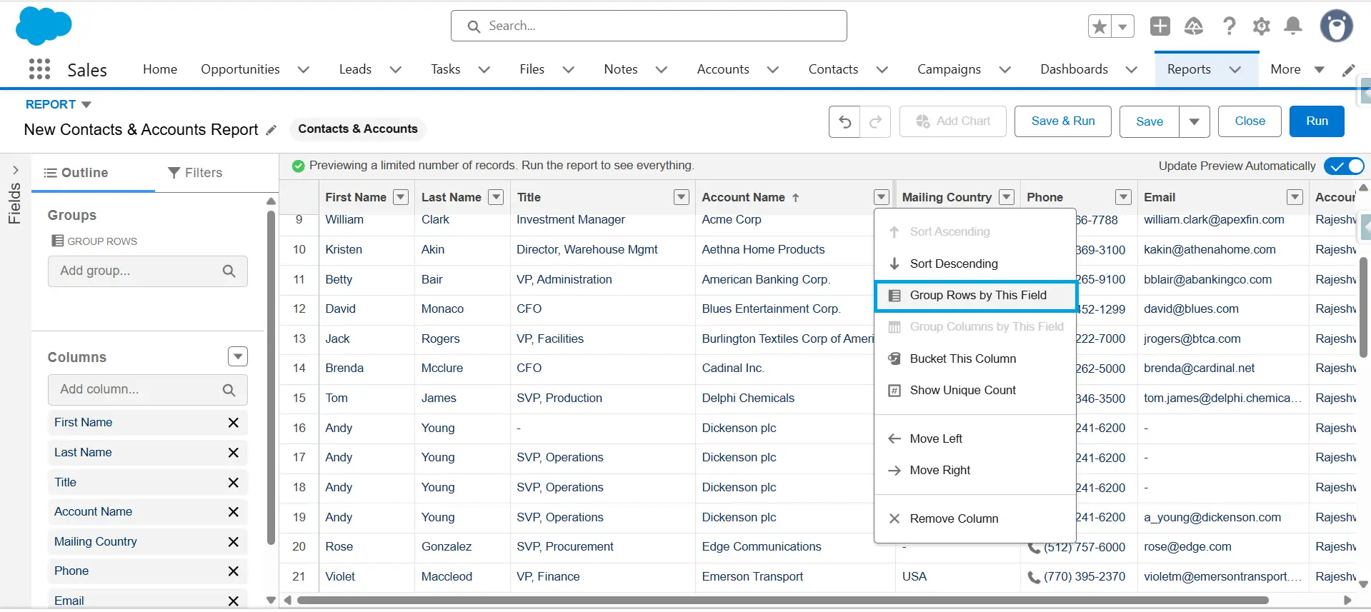 Salesforce report column dropdown menu open on Mailing Country with Group Rows by This Field option highlighted.
