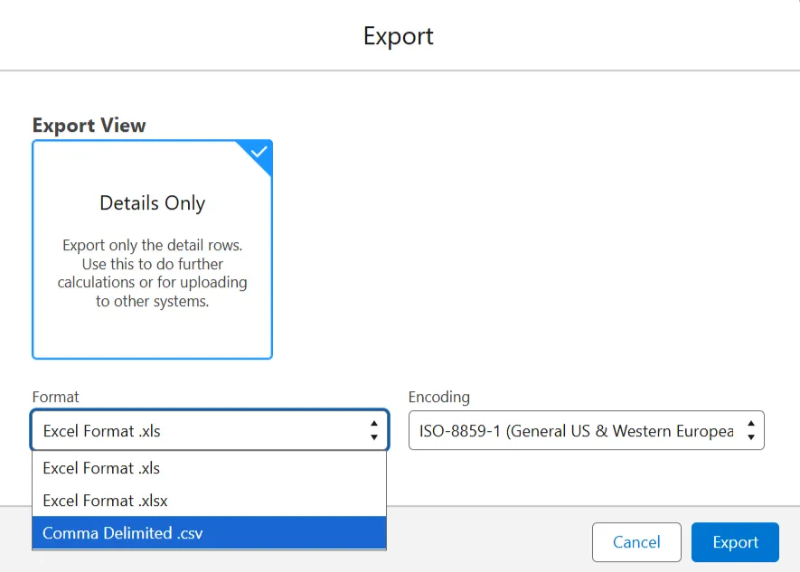 Salesforce report Export window with Details Only view selected and Comma Delimited .csv format chosen from the dropdown.