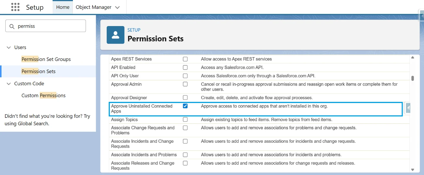 Salesforce Permission Set System Permissions list with Approve Uninstalled Connected Apps checkbox enabled.