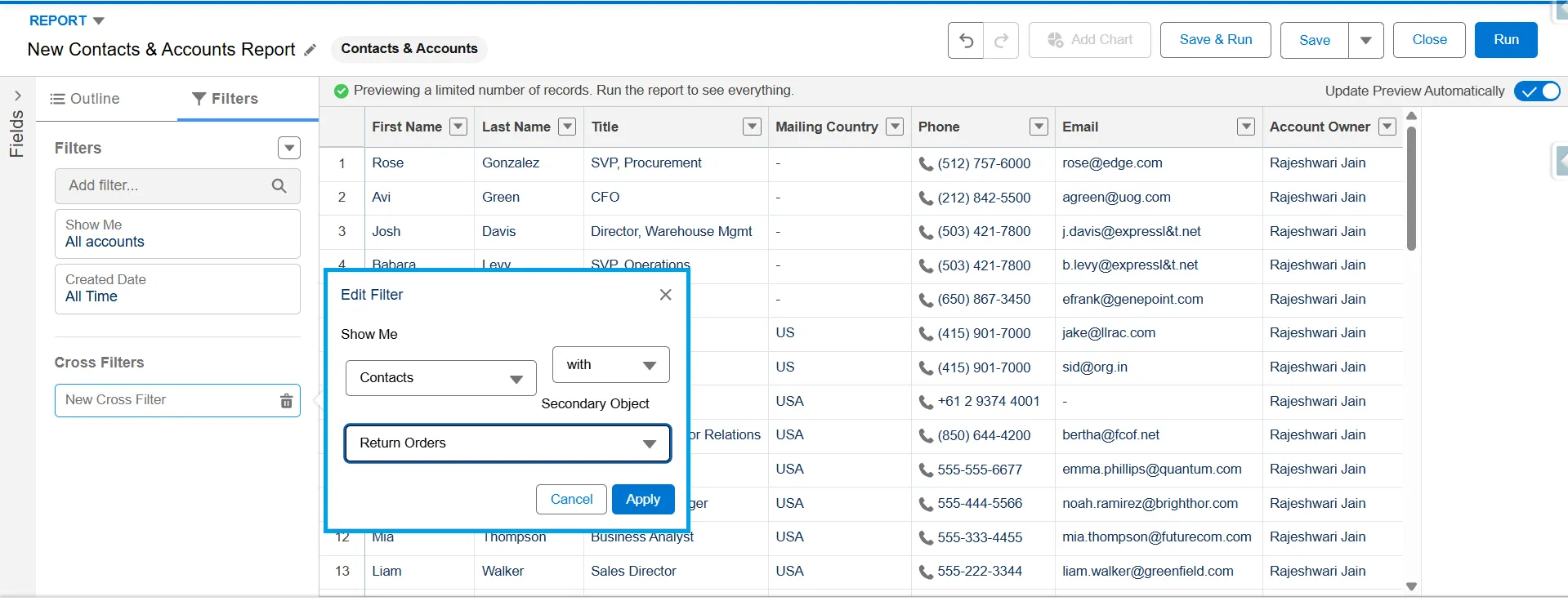 Salesforce Cross Filter setup dialog showing "Contacts with Return Orders" relationship being configured in the report Filters panel.