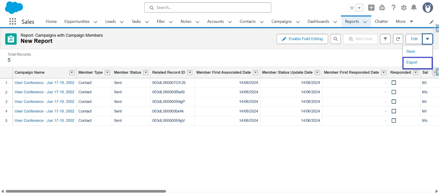 Salesforce Campaigns with Campaign Members report results with the Export option highlighted in the drop-down menu.