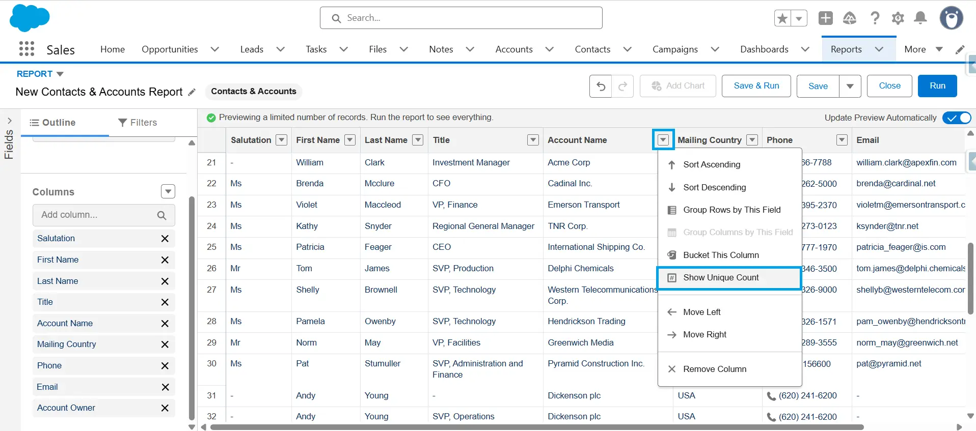 Salesforce report column dropdown menu open on Account Name showing the Show Unique Count option highlighted.