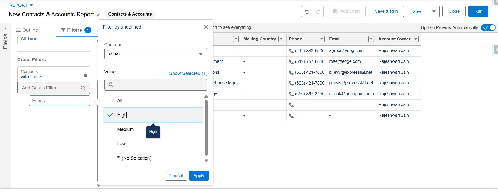 Cross Filter sub-filter setup for "Contacts with Cases" with Priority equals High criteria being selected.