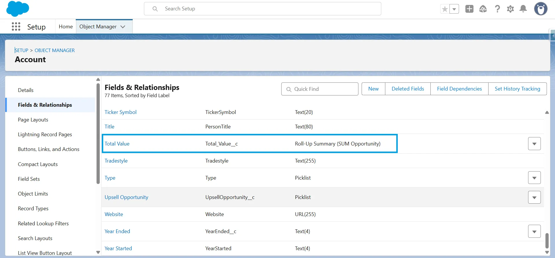 Salesforce Account object Fields & Relationships page with a Roll-Up Summary field type highlighted.