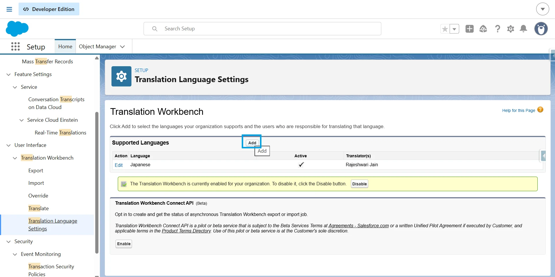 Translation Language Settings page with the Add button highlighted to add a supported language and assign a translator.