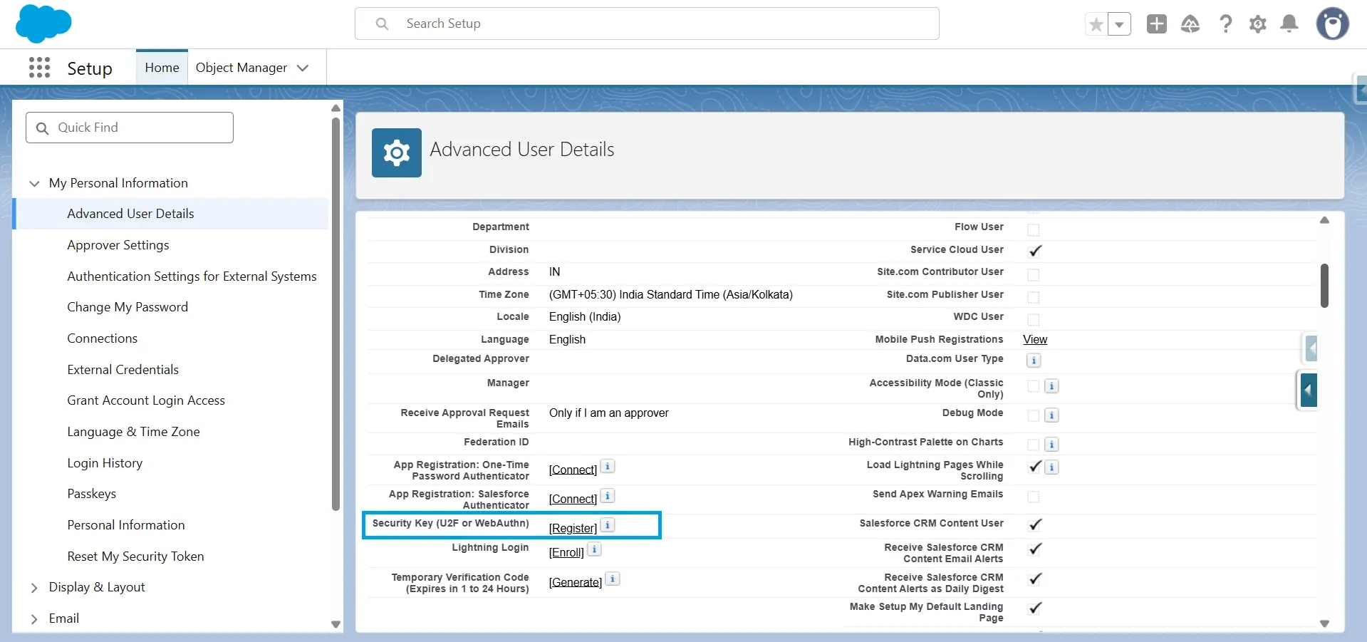 Advanced User Details page in Salesforce with the Register link highlighted next to Security Key U2F or WebAuthn.