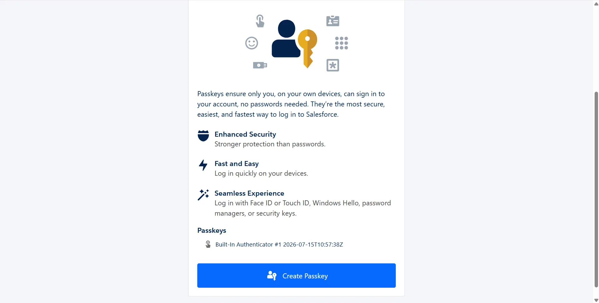 Salesforce passkey enrollment screen with the Create Passkey button and a summary of passkey benefits.