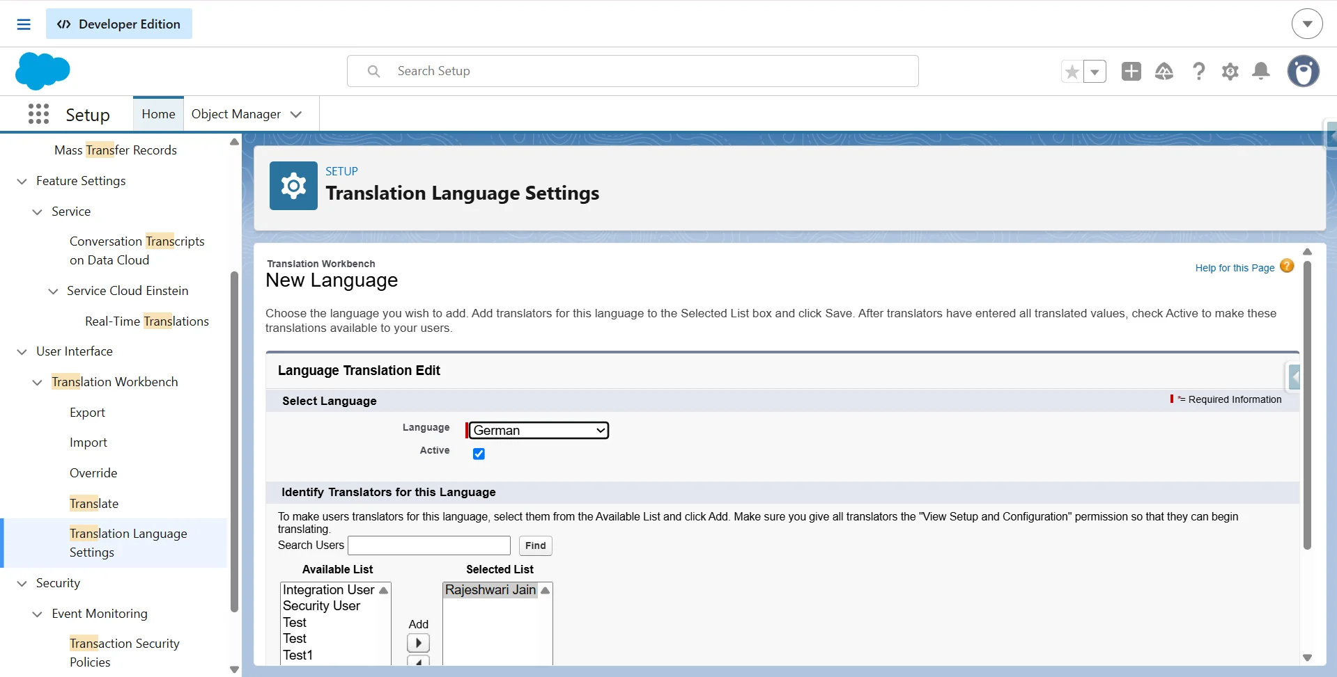 New Language form in Translation Workbench with German selected, Active checked, and a translator assigned.