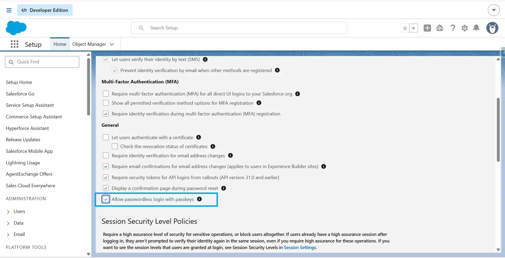 Salesforce Identity Verification Setup page with the Allow passwordless login with passkeys option enabled.