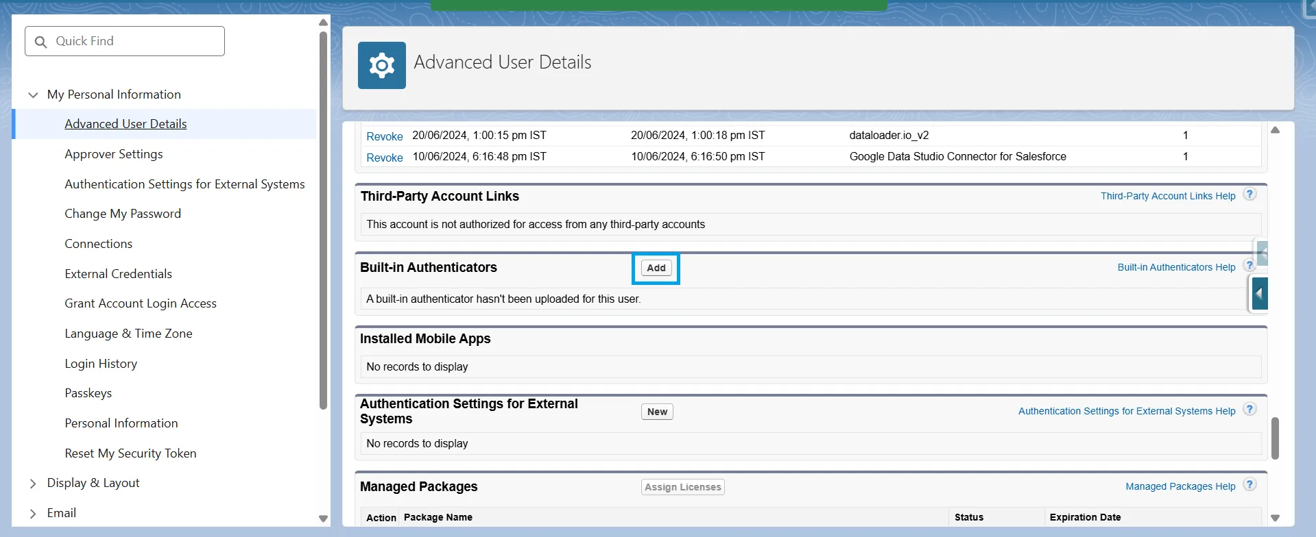 Advanced User Details page in Salesforce with the Add button highlighted in the Built-in Authenticators section.