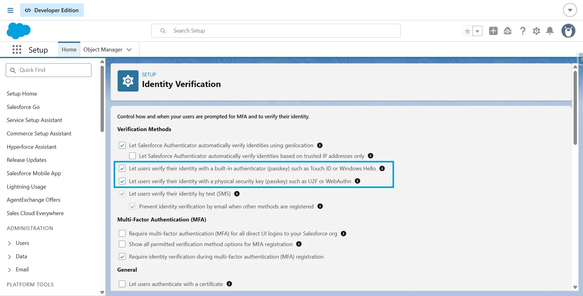 Salesforce Identity Verification Setup page with built-in authenticator and security key passkey options enabled.