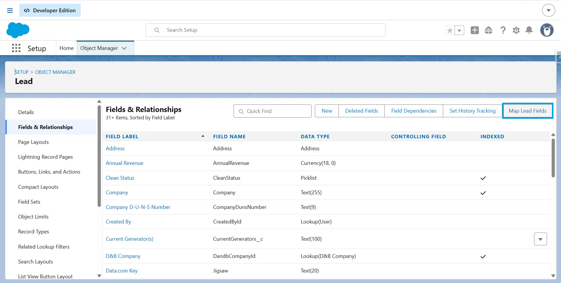 Salesforce Lightning Object Manager showing the Lead Fields & Relationships page with the Map Lead Fields button highlighted.