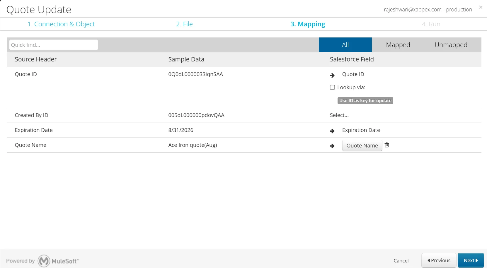 Data Loader mapping step showing CSV headers matched to Salesforce fields, with Quote ID mapped as the key for the update.