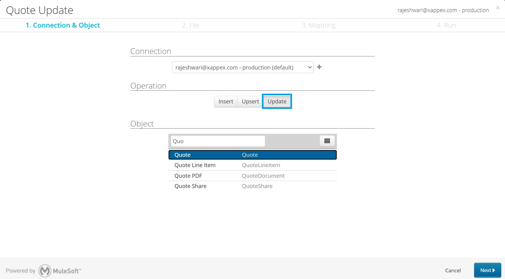 Data Loader Quote Update screen with the Update operation selected and the Quote object chosen from the object list.