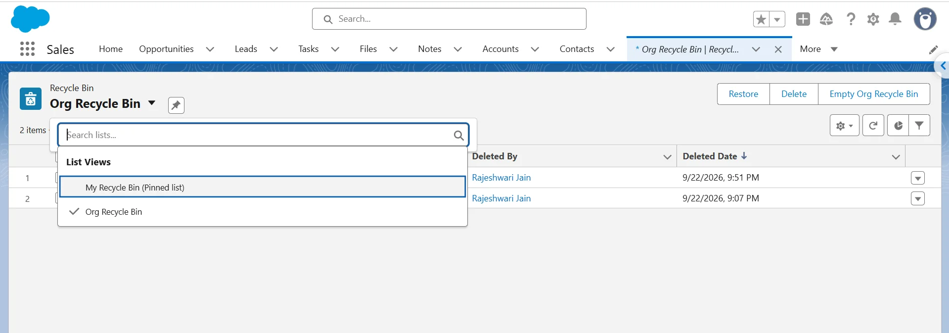 Salesforce Recycle Bin list view dropdown showing the option to switch to Org Recycle Bin.