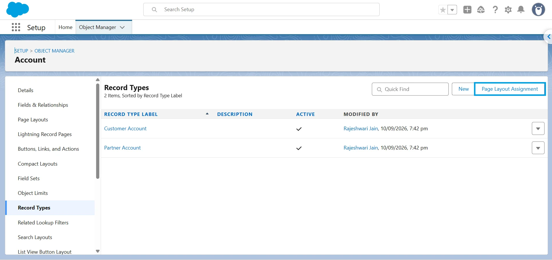 Salesforce Object Manager Record Types list for Account with the Page Layout Assignment button highlighted.
