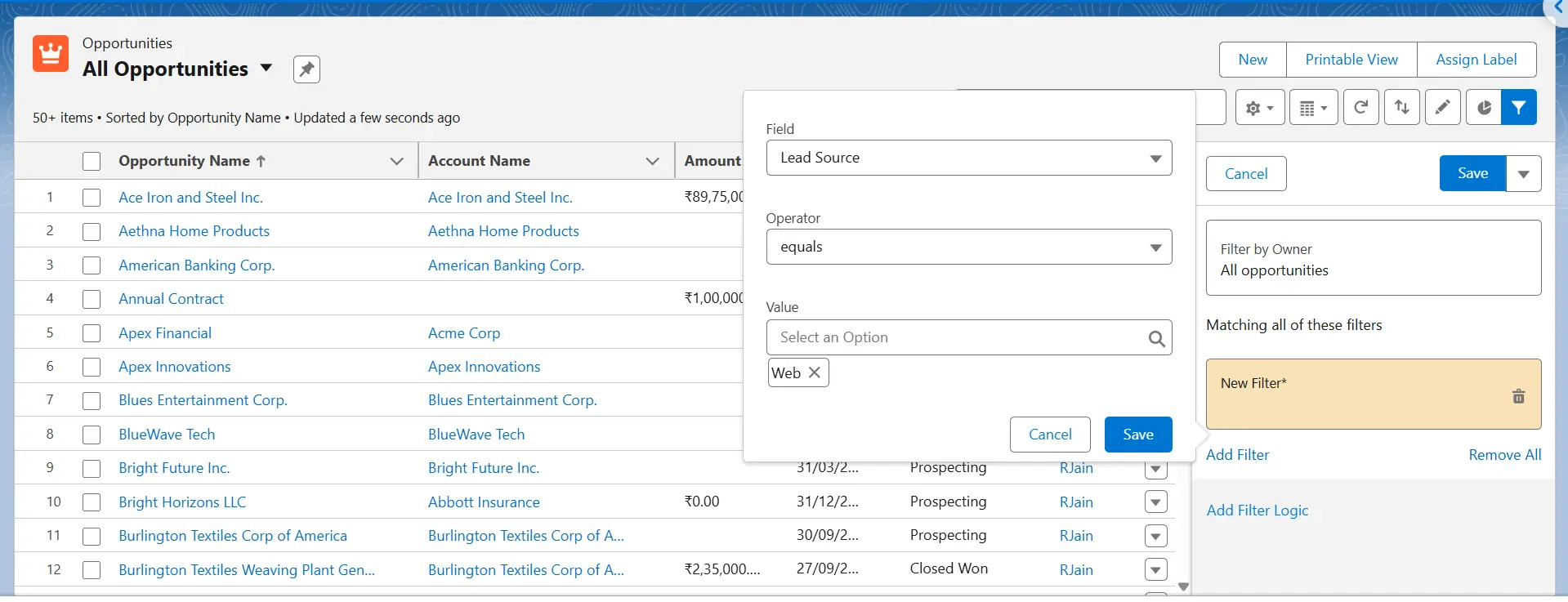 Salesforce list view Add Filter dialog with Field set to Lead Source and Value set to Web.