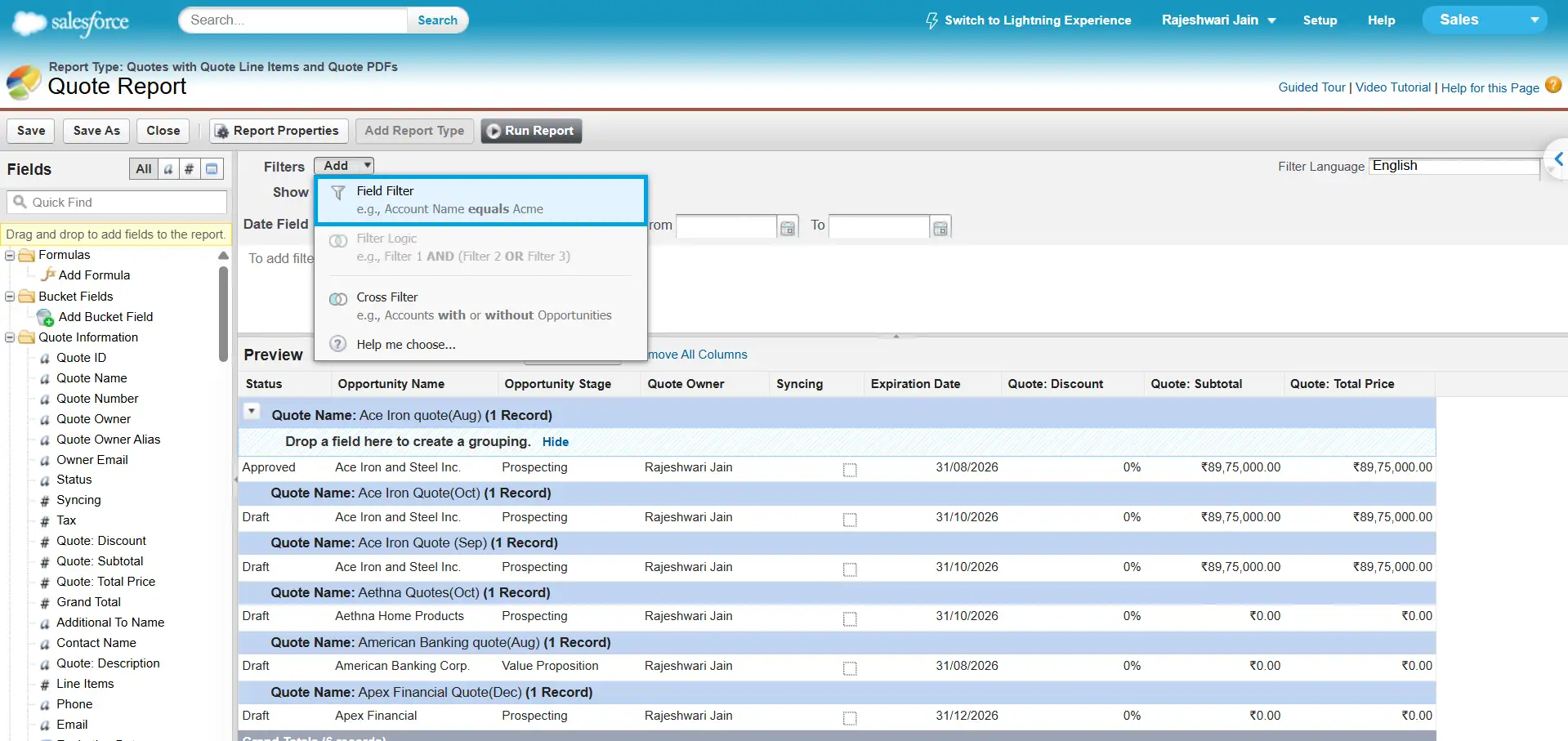 Salesforce Classic report builder Filters menu showing Field Filter, Filter Logic, and Cross Filter options.