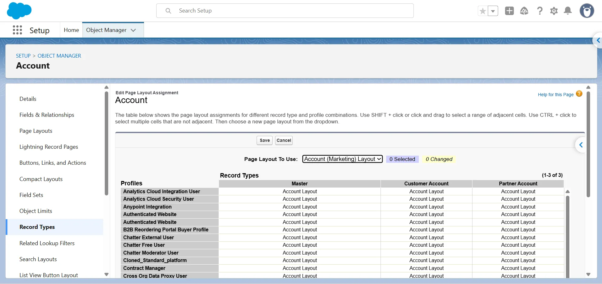 Salesforce Edit Page Layout Assignment screen with the Page Layout To Use dropdown and Save button.