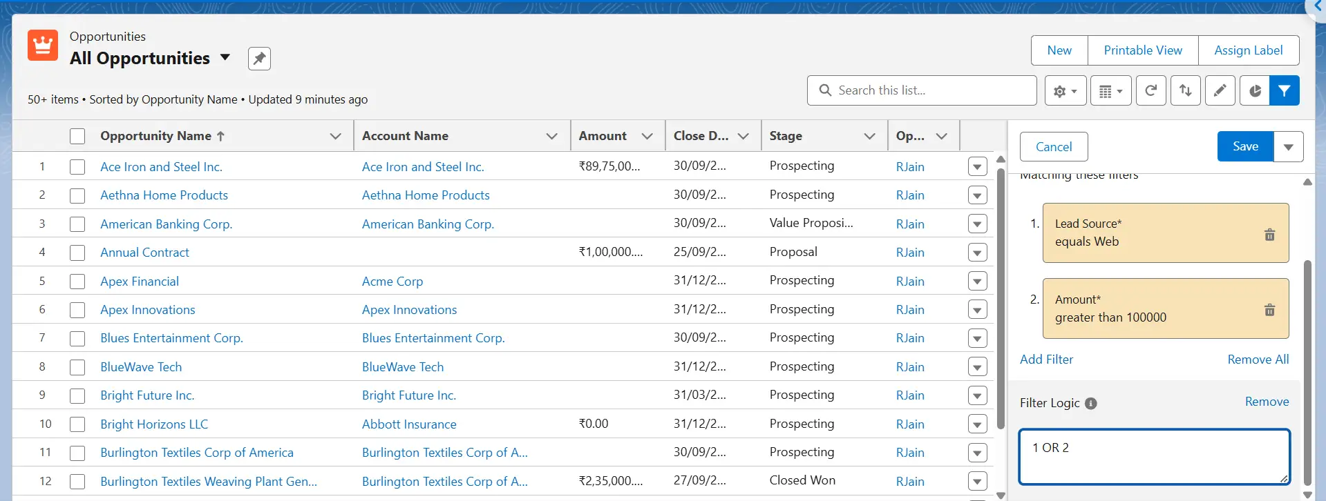 Salesforce list view with Lead Source and Amount field filters combined using filter logic 1 OR 2.