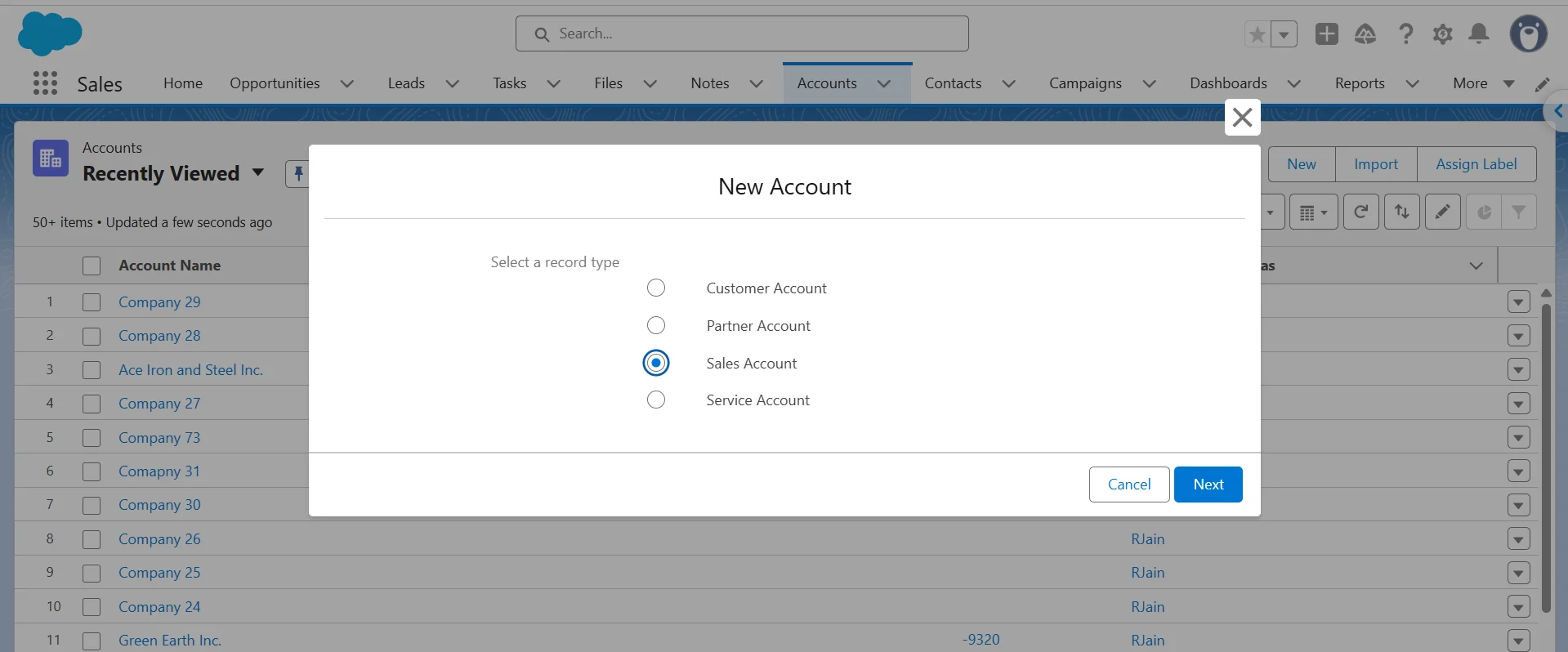 Salesforce New Account dialog with a record type selection showing Customer, Partner, Sales, and Service Account options.