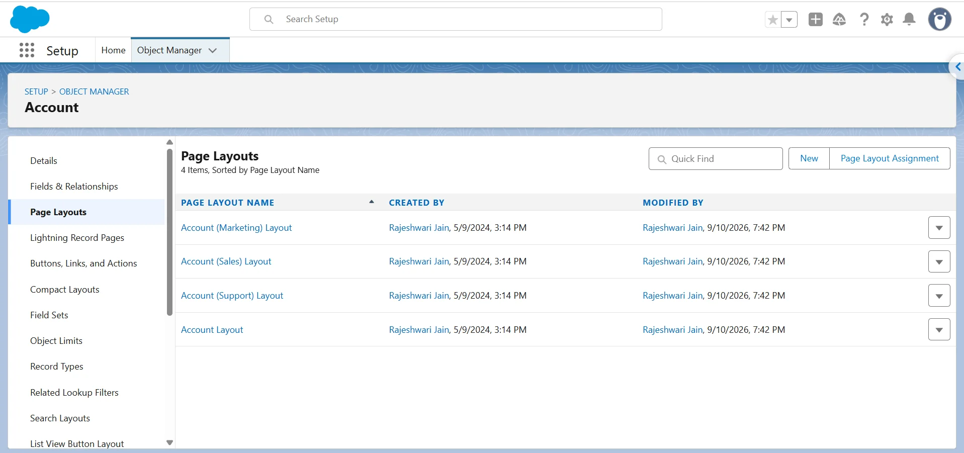 Salesforce Object Manager Page Layouts list for Account with the Page Layout Assignment button in the top right.