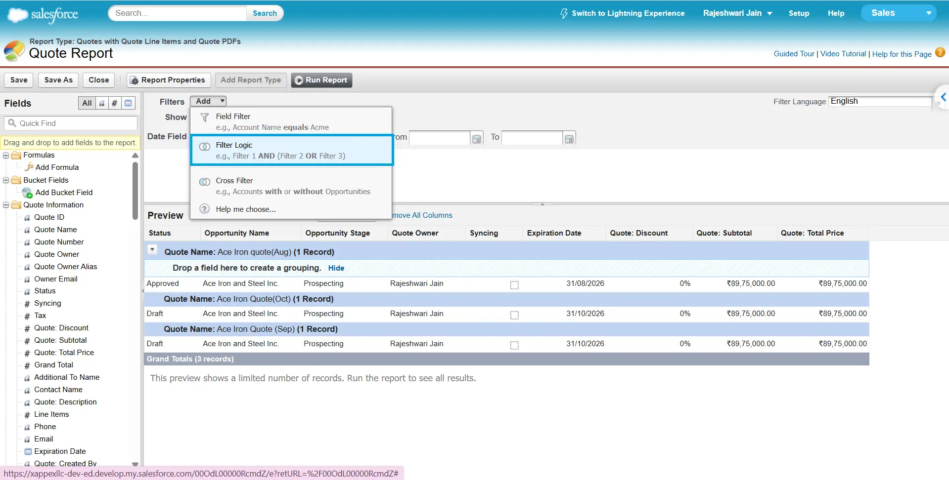 Salesforce Classic Filters Add menu with the Filter Logic option highlighted before adding an expression.