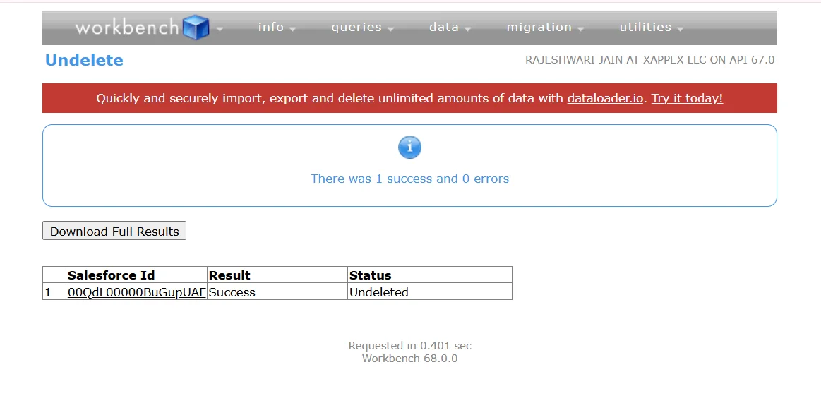 Workbench Undelete results screen showing one record successfully undeleted.