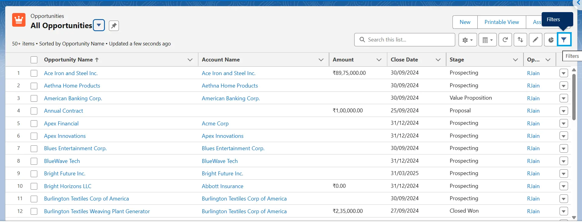 Salesforce Opportunities list view with the Filters icon highlighted to open the filter panel.