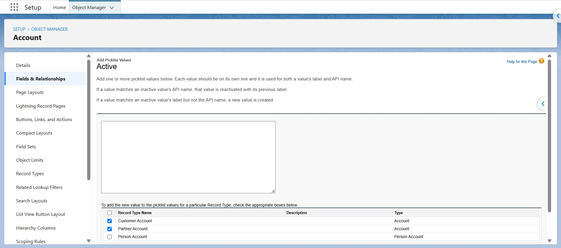Add Picklist Values screen with checkboxes to assign a new value to Account record types.