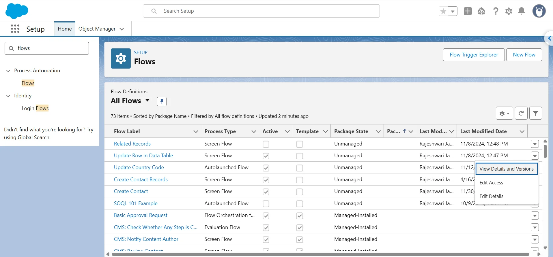 Flows page in Setup with the row menu open and View Details and Versions highlighted.