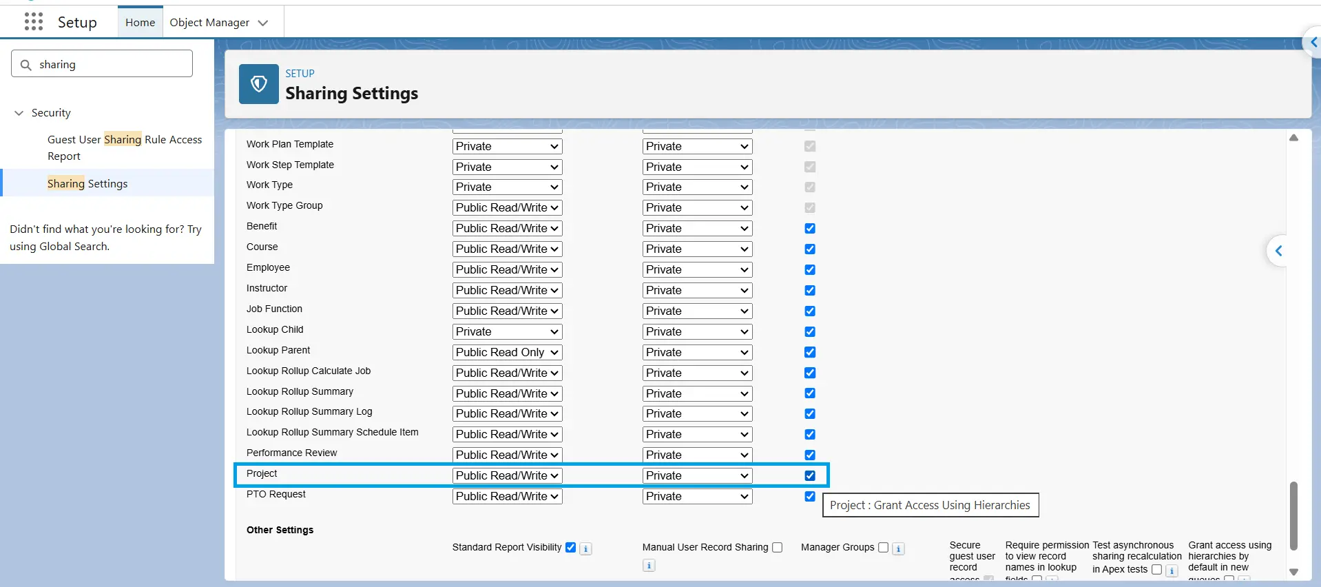 Sharing Settings list of objects with the Grant Access Using Hierarchies checkbox selected for the Project object.